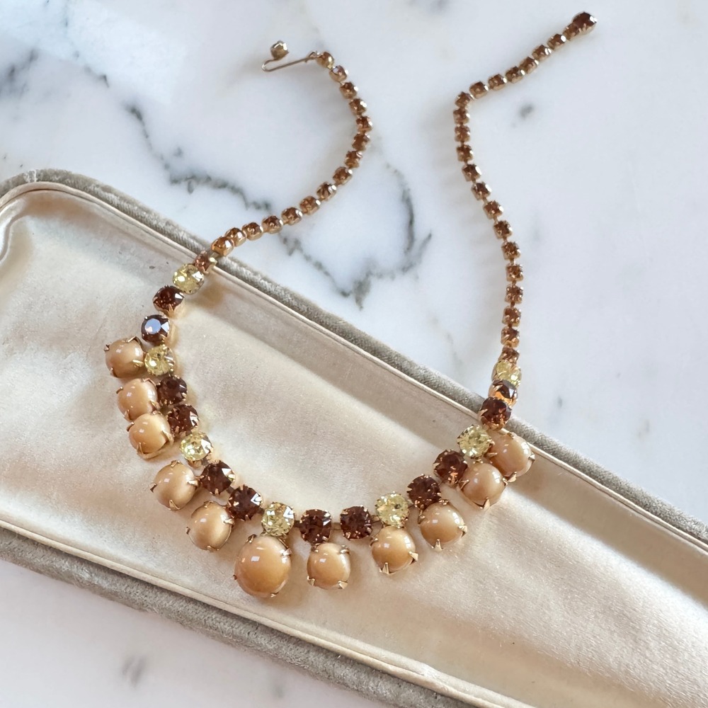 Vintage Rhinestone Statement Necklace‎ Butterscotch Smokey Topaz Amber Tone Glam - Picture 7 of 10
